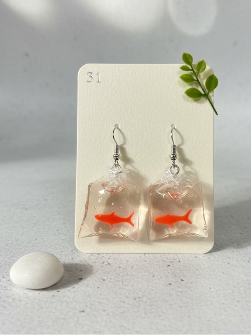 Goldfish Bag Earrings Clear Resin Orange Fish Dangle Earrings NWOT